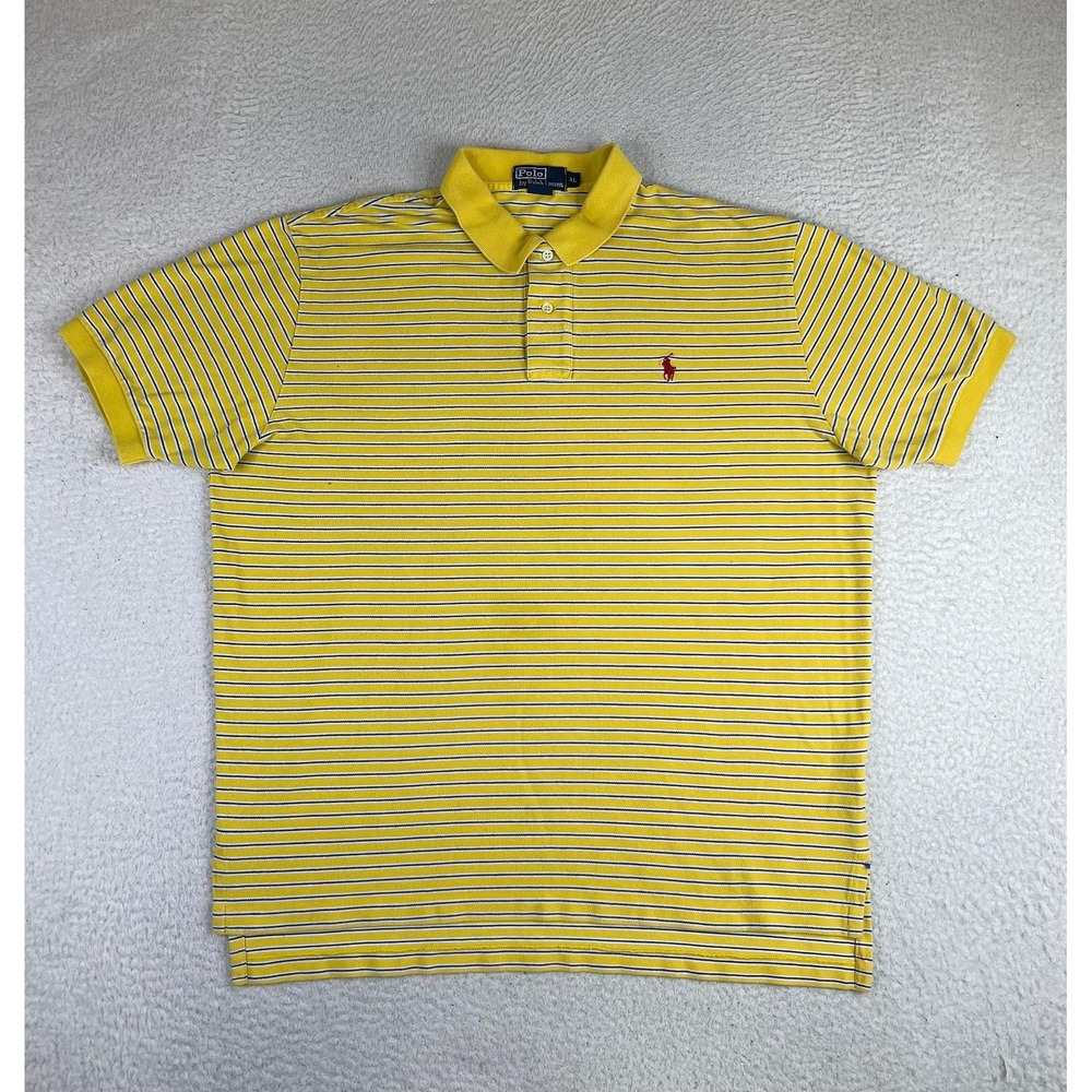 Polo Ralph Lauren Mens XL Yellow Striped Pony Logo Cotton Knit‎ Polo Shirt